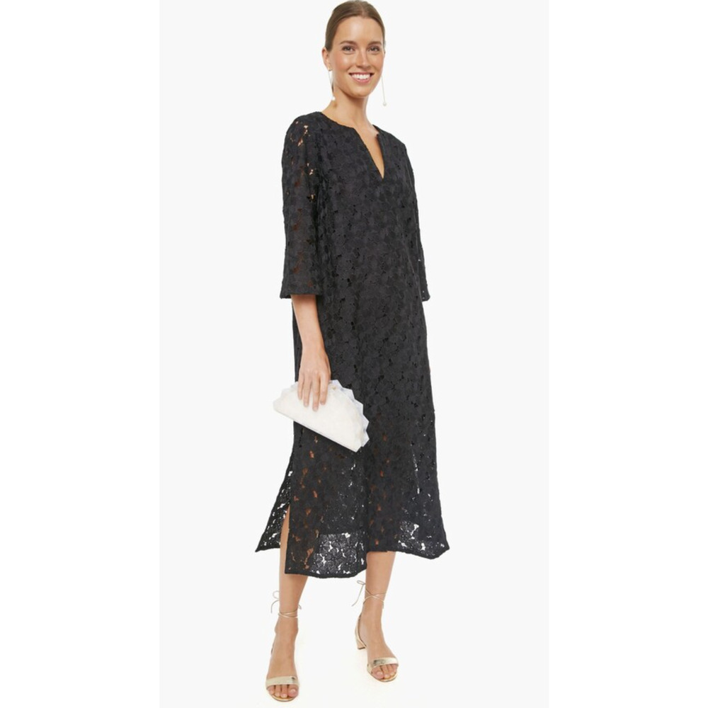 Tuckernuck Black V-Neck Floral Lace Eyelet Jamie Midi Caftan Shift Dress X-Small
